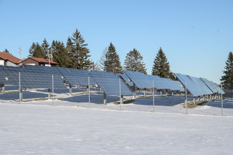 Rows of tilted solar panels in a snow-covered field under a clear blue winter sky, with evergreen trees and a house behind